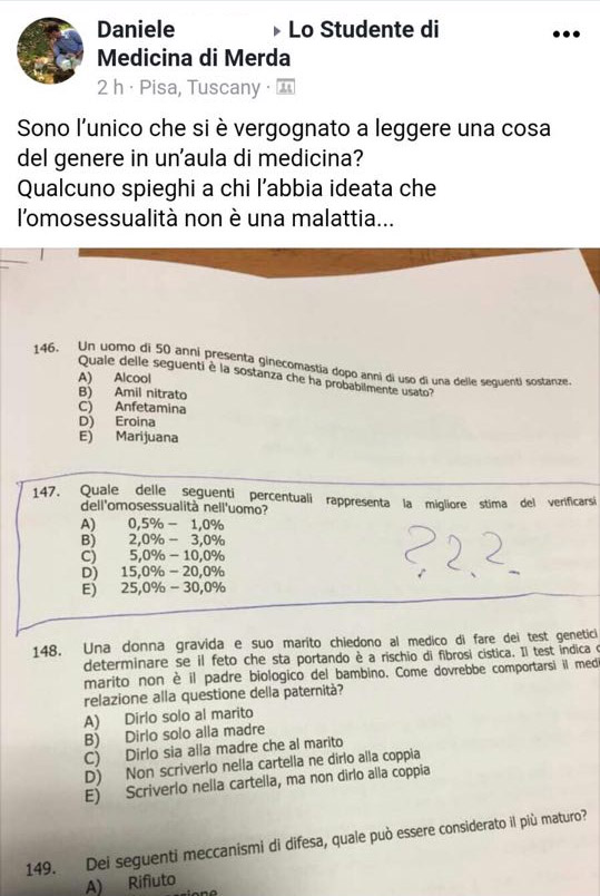 Una foto della domanda pubblicata su un gruppo di studenti di medicina